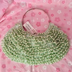 Vintage Pearl Bead Beaded Purse Green Evening Bag Handbag 11x7” Coquette 90s Y2K